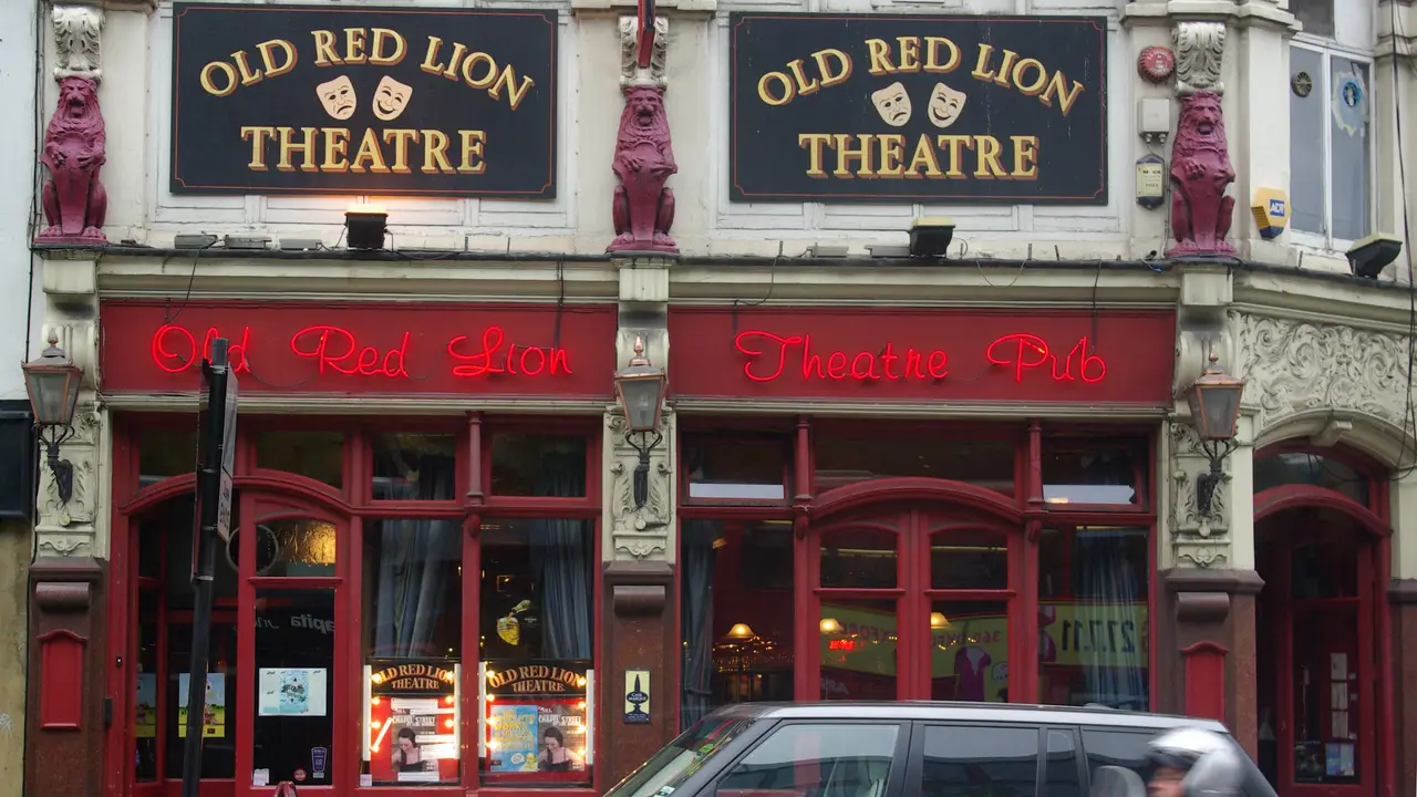 The red frontage of the Old Red Lion pub at Angel in Islington, north London