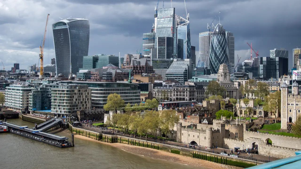 The City of London skyline seen from Tower Bridge, with the Tower of London on the north bank