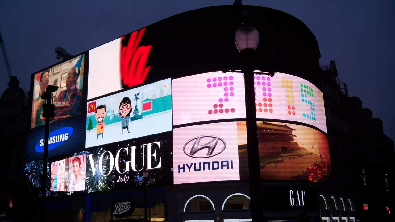 The lit signs at Piccadilly Circus in London's West End at night